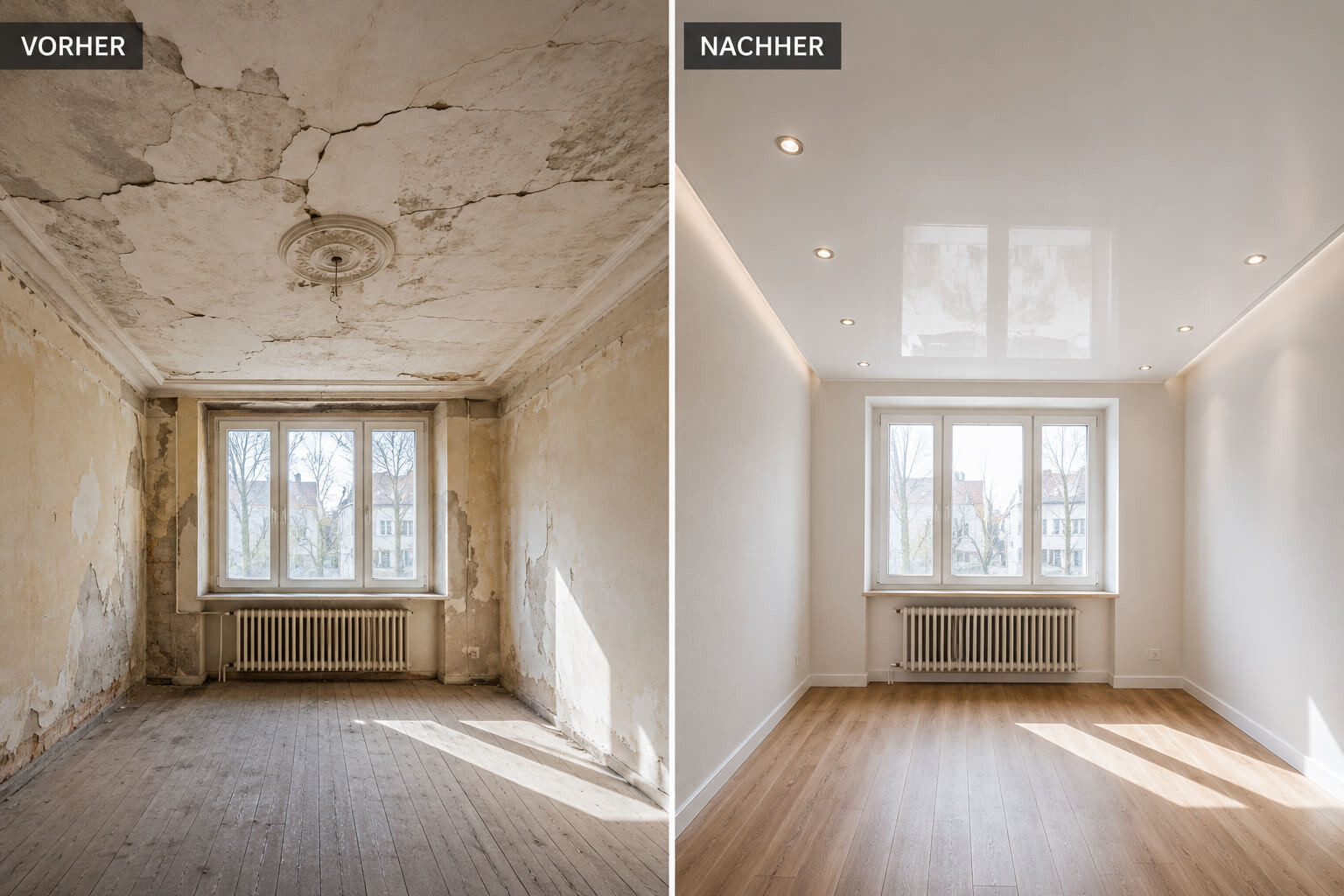 Altbaudecke vor und nach der Sanierung mit einer Spanndecke