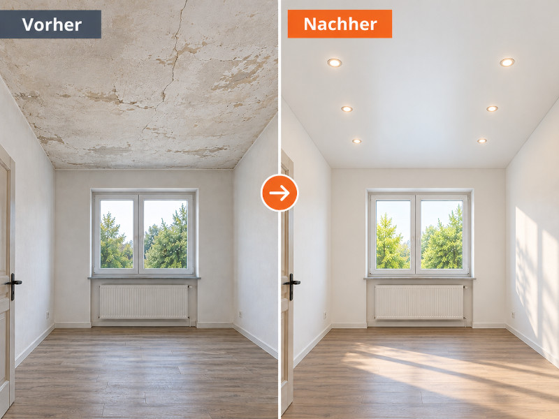 Alte beschädigte Decke vor und nach der Renovierung mit einer weißen Spanndecke