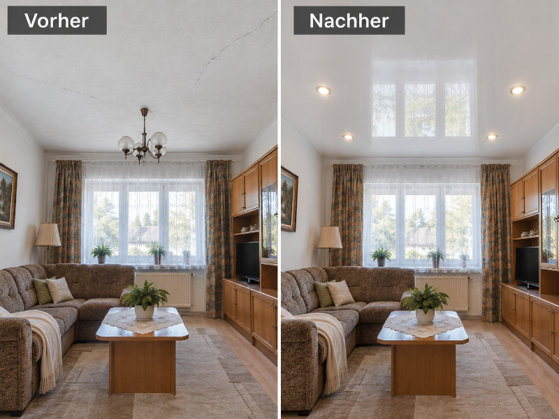 Betondecke vor und nach der Sanierung mit einer weißen Spanndecke