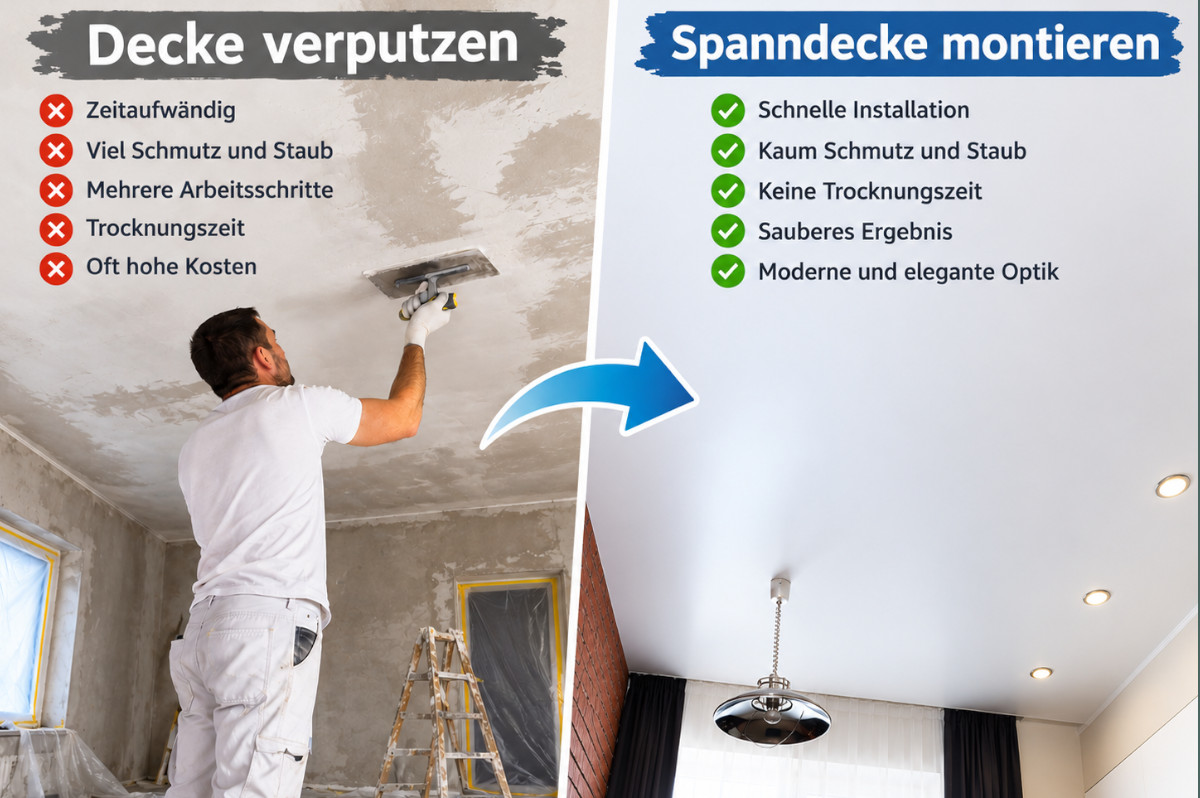 Decke verputzen oder Spanndecke montieren – Vergleich von Zeitaufwand, Schmutz und Montage einer weißen matten Spanndecke