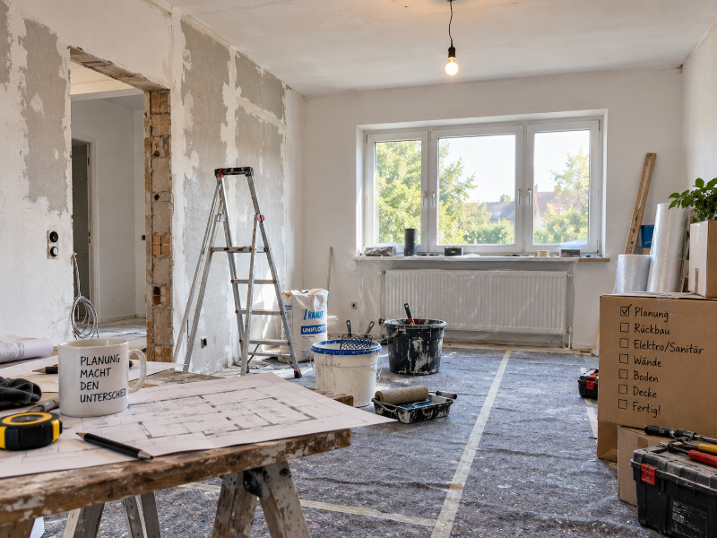 Hausrenovierung planen mit Werkzeug und vorbereiteten Renovierungsarbeiten