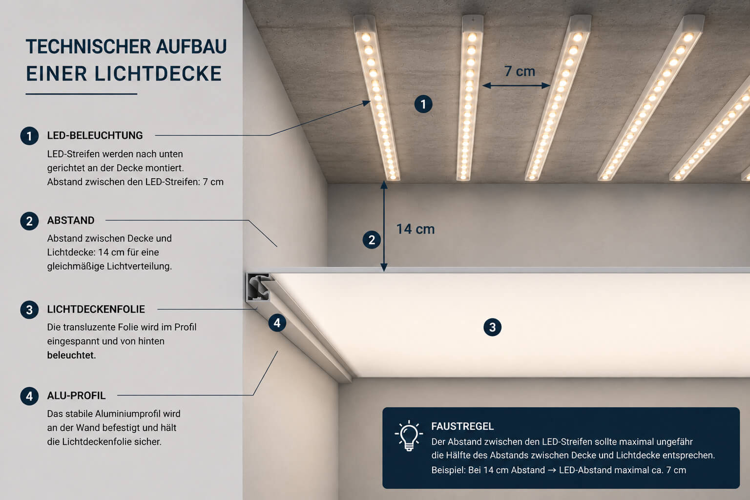 Technischer Aufbau einer Lichtdecke mit LED-Beleuchtung und Spanndecke