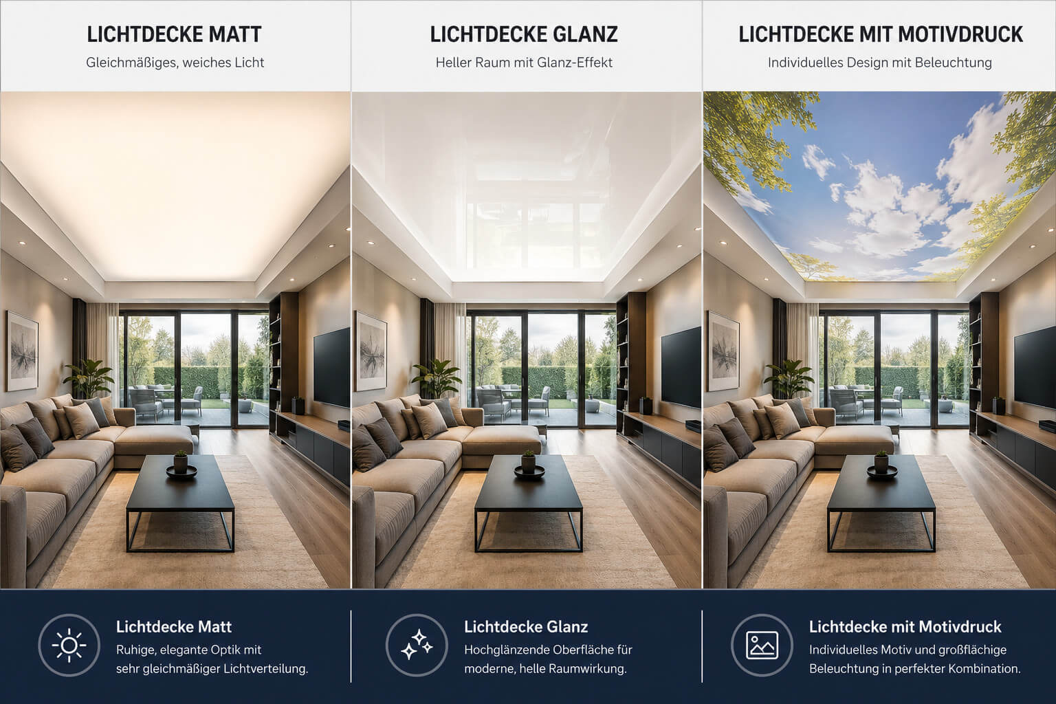 Lichtdecke Glanz, Matt und Motivdruck im direkten Vergleich