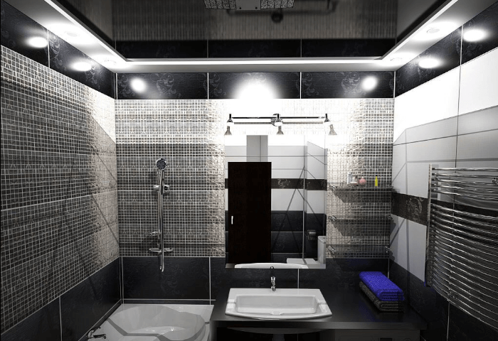 Schwarze Glanz Spanndecke in modernem Badezimmer