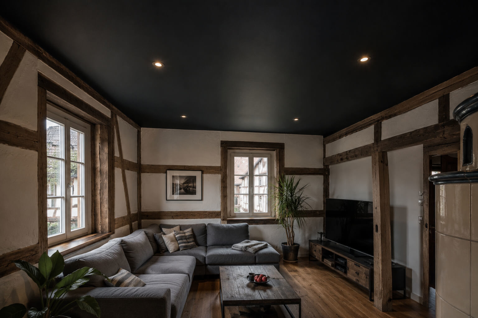 Schwarze matte Spanndecke im Altbau mit Fachwerk
