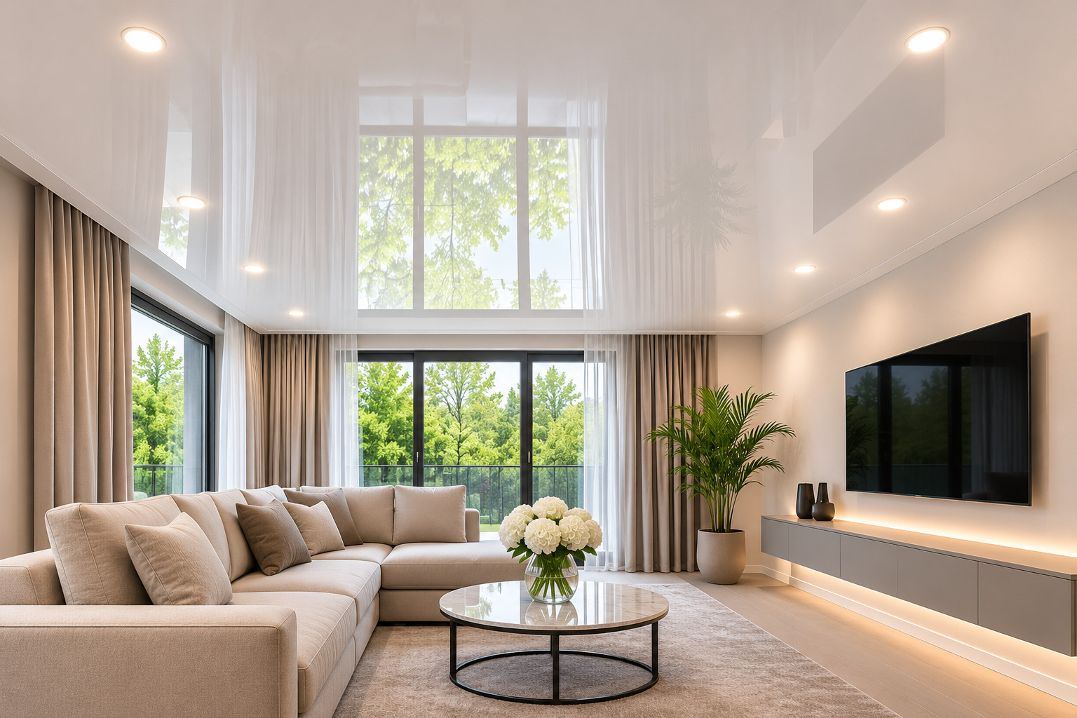 Spannadecke in Wohnzimmer Farbe Weiss Glanz